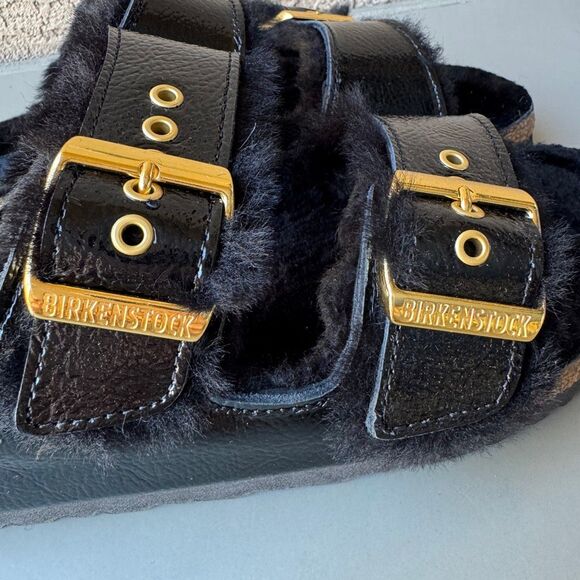 Birkenstock Arizona Shearling Eyelet Sandals Womens 41EU /10US Shiny Black Gold - Picture 12 of 13